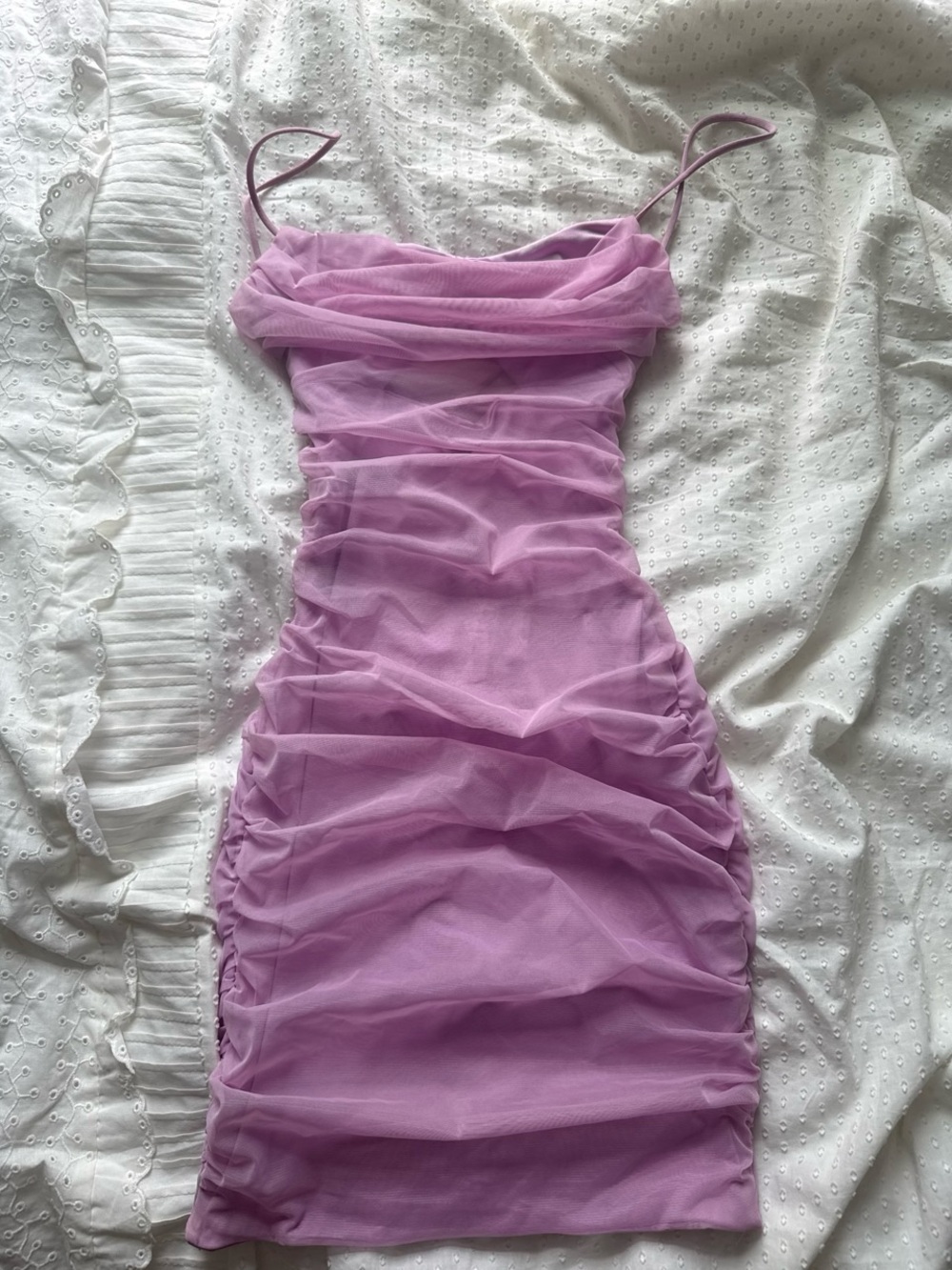 Oh Polly Lavender Ruched Mesh Mini Dress